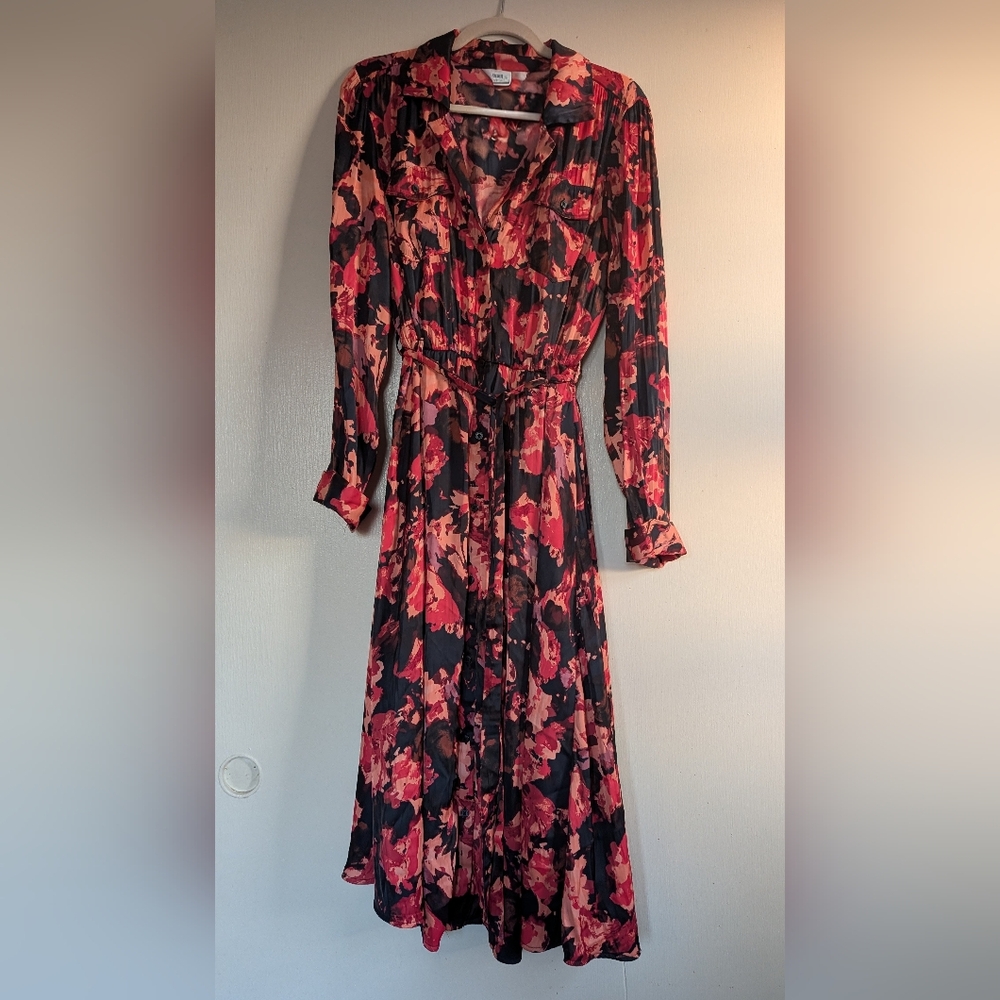 Nine West Long Sleeve Midi V-Neck Shirt Dress